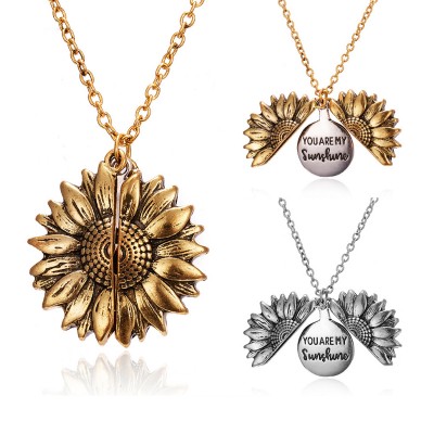 Wholesale Gold Silver Open Locket You Are My Sunshine Sunflower Pendant Necklace For Women